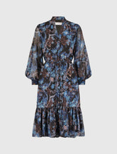 Blue Lurex Chiffon Bishop Sleeve Button Up Midi Dress